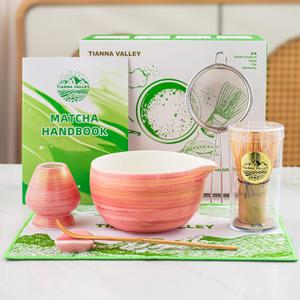 2 x Matcha Whisk Set,7 Pcs Matcha Set Pink,Matcha Kit for Ceremony,480 Ml Ceramic Bowl(chawan) with Spout,Bamboo Whisk(100-prong) and Holder,Tradition Tea Set,Gift for Matcha Lovers
