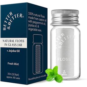 Better & Better Natural Floss in Refillable Glass Jar | Waxed & Zero Plastic Oral Care - 100% Plant-Based, Vegan, Eco and Non Toxic Dental Floss, 1 Spool (98.4 Foot (Pack of 1))