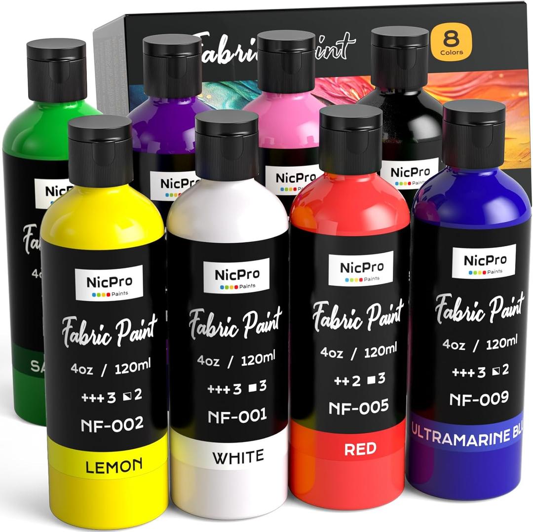 Nicpro 8 Colors Permanent Fabric Paint (4 oz, 120 ml) Soft Fabric Paint for Clothes, Non-Toxic Textile Paint for Fabric DIY Crafts, T-shirts, Shoes Jeans Bags Canvas for Adult with Color Wheel