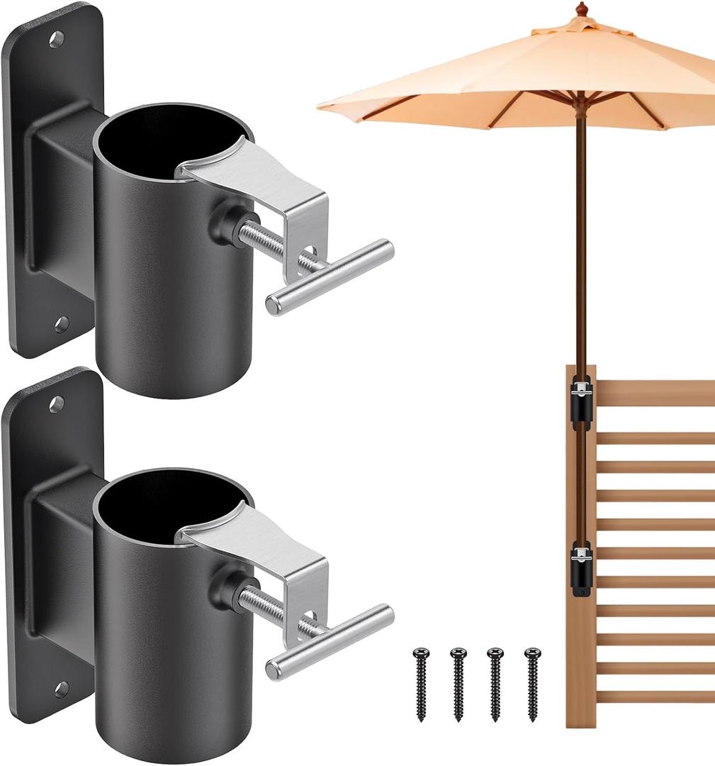 Heavy Duty Deck Railing Umbrella Holder, Patio Umbrella Stand for 1-2 Inch Poles, Space-Saving Design, Secure & Sturdy Post Flat Mount for Deck Railing, Balcony, Outdoor Courtyard, Fences Heavy Duty Deck Railing Umbrella Holder, Patio Umbrella Stand for 1-2 Inch Poles, Space-Saving Design, Secure & Sturdy Post Flat Mount for Deck Railing, Balcony, Outdoor Courtyard, Fences
