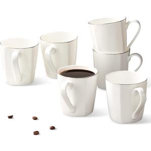 Fine Bone China Coffee Mugs Set of 6, 10oz White Espresso Cups, Lightweight Tea Cups, Porcelain Coffee Cup, Ceramic Mug with Gold Rim for Latte Mocha Cappuccino Women, Easy to Hold Microwave Safe