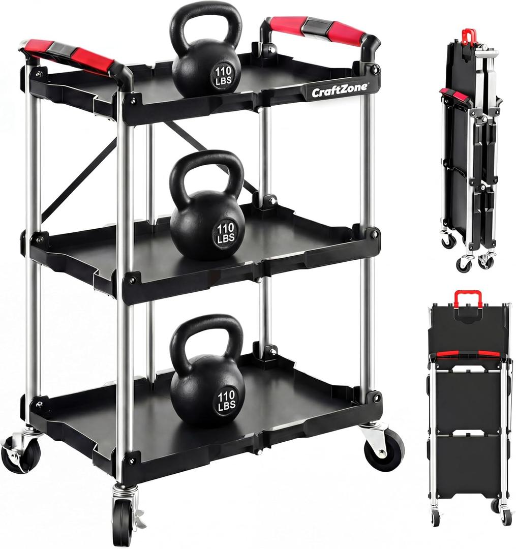 Folding Service Cart,Rolling Utility Cart,330 LBS Collapsible Service Cart,3 Shelf Heavy Duty Foldable Tool Cart