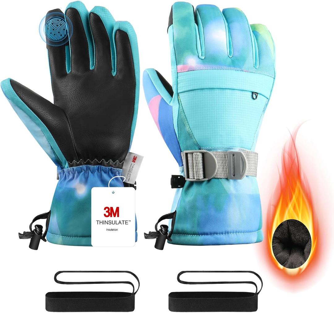 Ski Gloves,Snow Gloves,Waterproof Cold Weather Winter Gloves for Parent Boys Girls- Cycling, Driving, Running (M(Fit Kids11-15 Years and Women size S-M), Sky Blue)