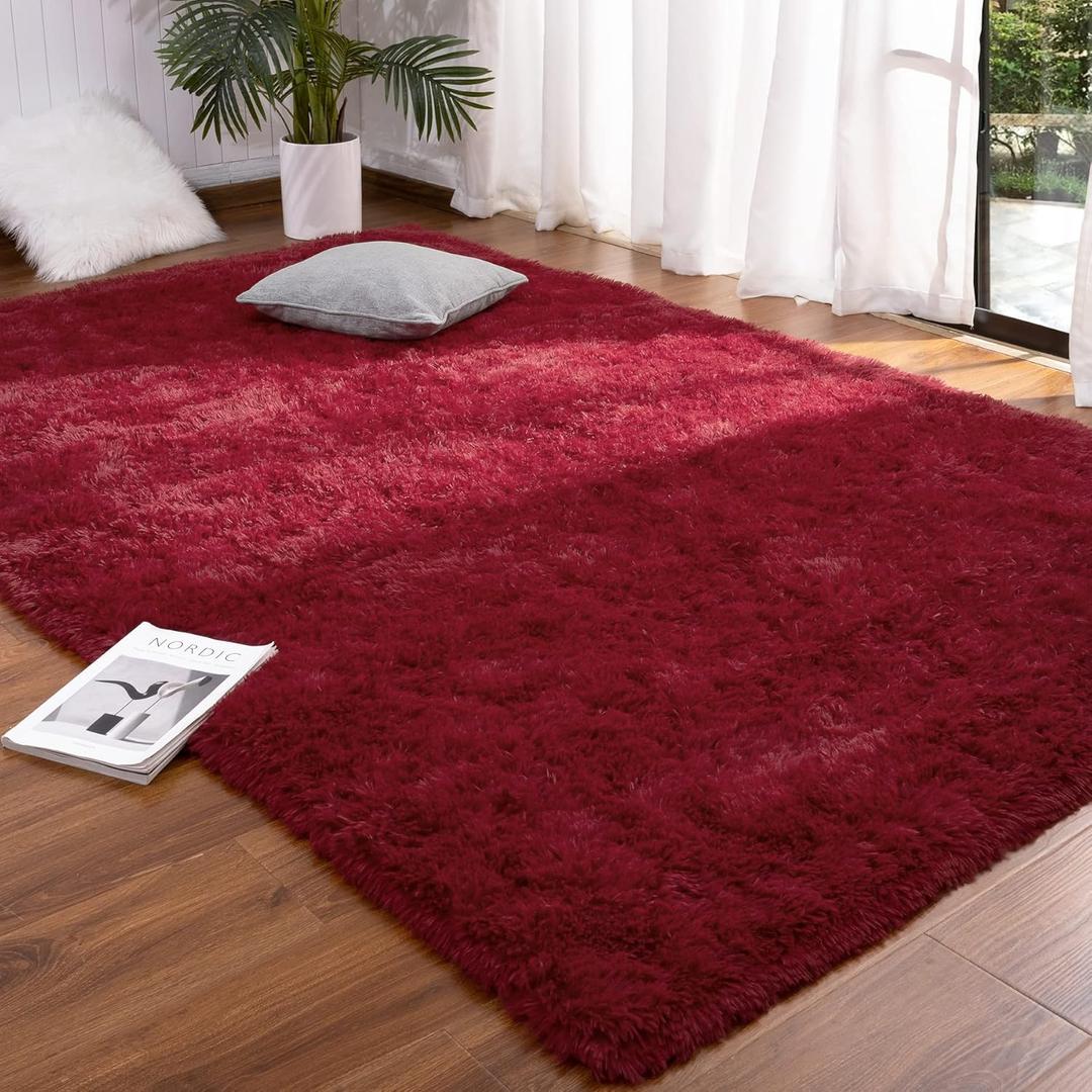 DETUM Wine Red Rug 4x6 Rugs for Bedroom Fluffy Christmas Area Rug Soft Living Room Shag Rug Large Furry Rug Washable and Non Slip Carpets Modern Home Decoration