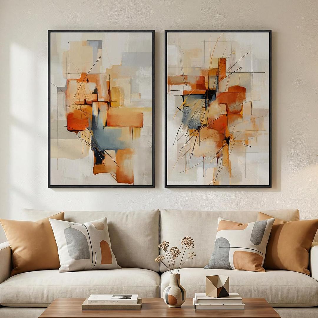 Large Framed Abstract Canvas Wall Art, 2 Piece Modern Prints Paintings Artwork for Walls, Minimalist Blue Orange Block Pictures for Living Room Dining Room Bedroom Hallway Wall Decor 24x36 In, 24" W x 36" H x 2Pcs