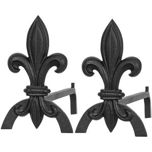 Fireplace Andirons for Wood Burning Fireplaces, Heavy Duty Cast Iron & Steel, Black Modern Iris Shape Decorative Andirons, Elevates Logs for Better Airflow