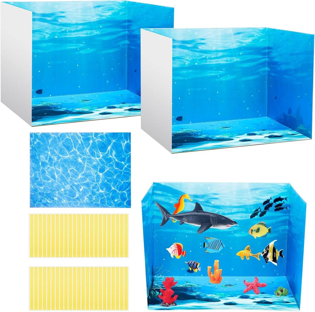 AmazingSpark 2 Set Ocean Diorama Box and Water Sticker Decor, Ocean Diorama Project Supplies Set, Cardboard Display Case Kit & Water Sticker with Double Sided Tapes for DIY Crafts Toys Dollhouse
