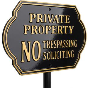 No Soliciting Sign for House, Private Property No Trespassing Sign with 32" Lawn Stake, 11x7 Inch Heavy-Duty Aluminum Metal Plaque, Weatherproof Yard & Outdoor Security Sign(A601)