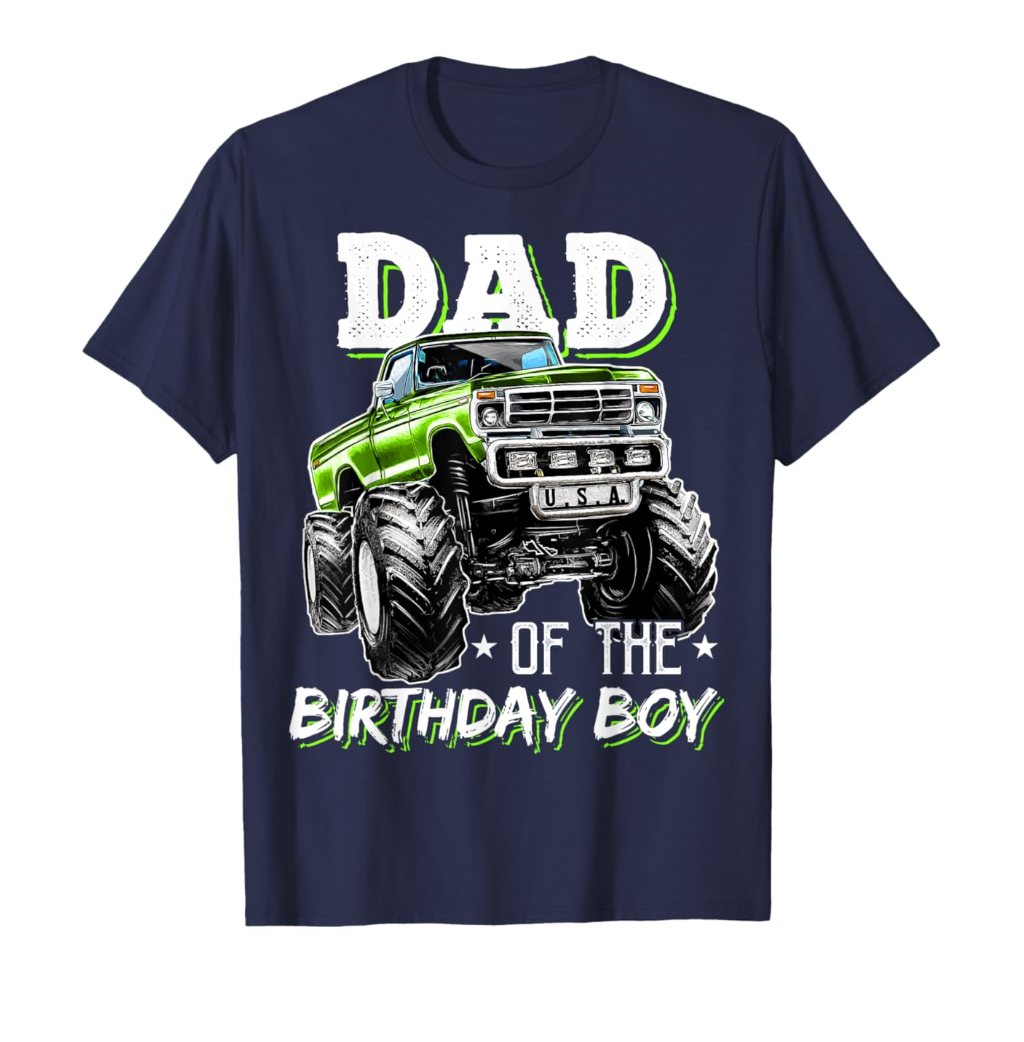 Dad of the Birthday Boy Monster Truck Birthday Novelty Gift T-Shirt, L, Navy Blue