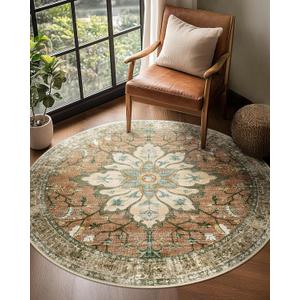 Area Rugs 4ft Washable Non-Slip, Floral Vintage Distress Print Pattern Medallion Carpet for Living Room Bedroom Dining Room, Brick Red Rust Neutral Brown Burnt Orange