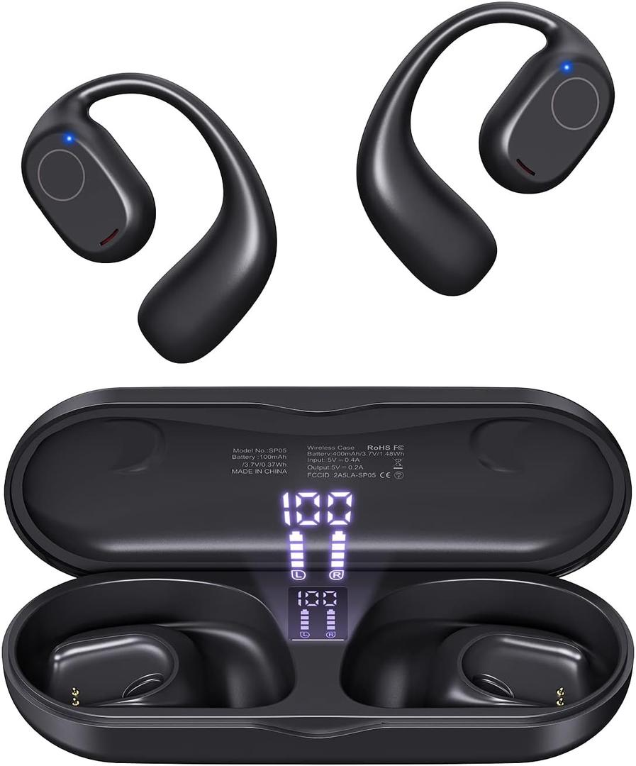 PSIER Open Ear Headphones, Bluetooth 5.3 Wireless Sports Headphones with Digital Display Charging Case 40 Hours Playtime True Earbuds with Earhooks for Running, Walking, Workout (Black)