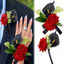 Suncalla 2 Pcs Red Rose Wrist Corsage and Boutonniere Set for Prom Decor with Black Calla Lily Burgundy Rose Wristlet Band Bracelet and Boutonniere for Graduation Prom Wedding Flower Accessories Decor
