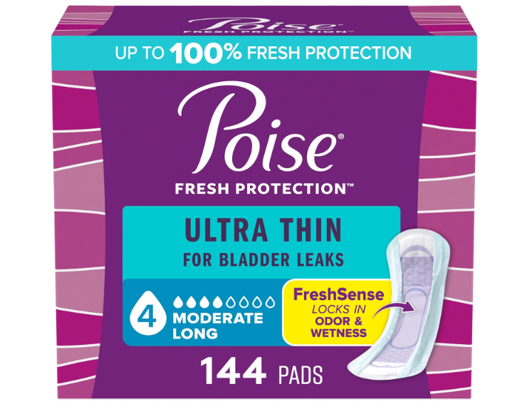 Poise Ultra Thin Incontinence Pads & Postpartum Pads for Bladder Leaks, 4 Drop Moderate Absorbency, Long Length, 144 Count