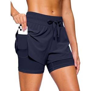Soothfeel Women's 2 in 1 Running Shorts 5" Athletic Shorts High Waisted Workout Gym Tennis Exercise Shorts with Liner Pocket (Medium)