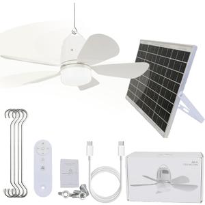 Solar Ceiling Fan Light,19" Outdoor portable Fan light with Remote Control, Dual Type-C/Solar Charging, 3 Speeds,3CCT, 3 brightness, 30dB Quiet,for Patios, Canopy, Shed, RV, Porch and Chicken Coop