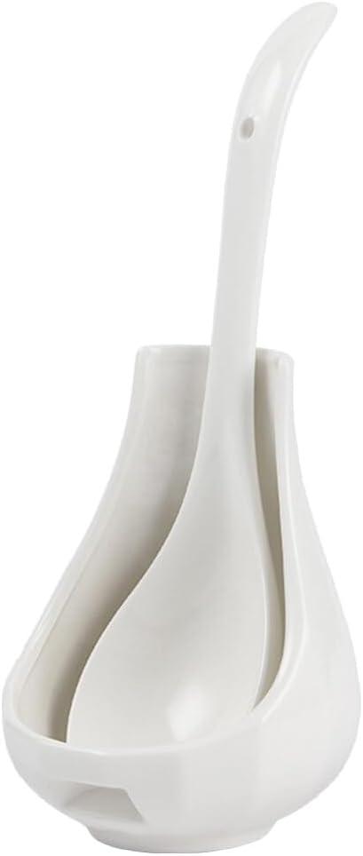Luxshiny Large Ceramic Soup Spoon with Spoon Rest 8.85 Inch Utensil Holder for Serving Rice Porridge and Soups at Home and Catering