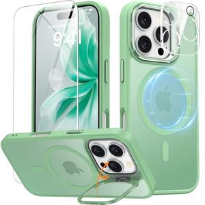 Pack of 2, GIVELOT Magnetic & Stand for iPhone 16 Pro Case with 9H Screen & Lens Protector[Fit for Magsafe][Metal Kickstand][Colorful Frame] Translucent Matte Back Skin-Touch Case for iPhone 16 Pro (Green)