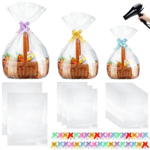 100 Pcs 3 Sizes Shrink Wrap Bags for Gift Baskets 20" x 28" 16" x 24" 14" x 18" Clear plastic Heat Shrink Cellophane Bags and 6 Color Pull Bows for easter Christmas Baskets Packaging
