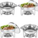 IMACONE Chafing Dish Buffet Set 4 Pack, 5QT Round Stainless Steel Chafer for Catering in Glass Lid, Chafers and Buffet Warmer Sets w/Food & Water Pan, Lid, Frame, Fuel Holder for Event Party Holiday