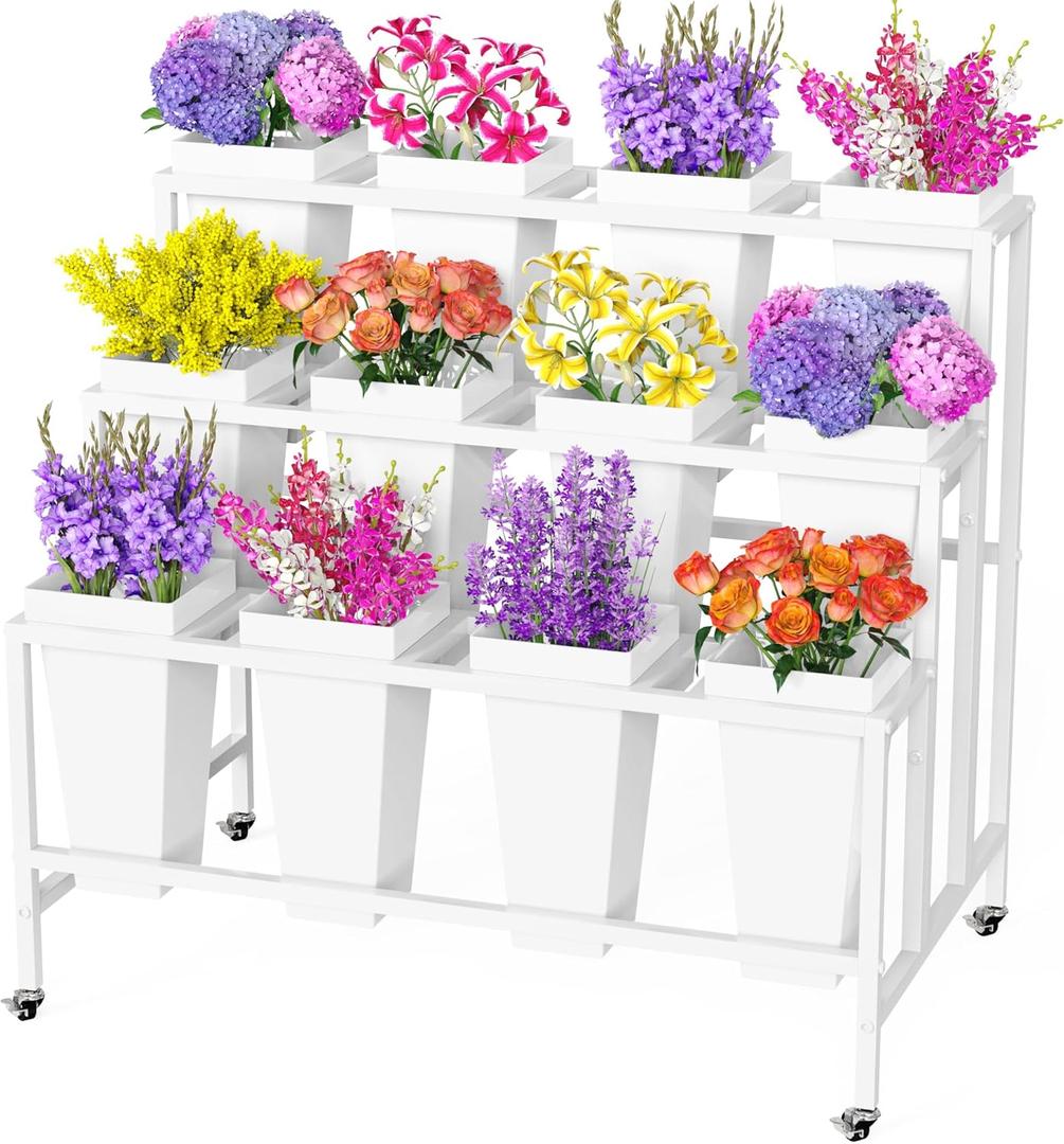 Putros Flower Display Stand with 12 Buckets White 3 Layers Metal Floral Cart with Wheels Moving Florist Bouquet Bar Plant Shelf for Indoor Outdoor Patio Garden Party Decor, 37"L x 23.6"W x 31.5"H