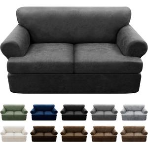 3-Pieces T Cushion Loveseat Slipcovers Leather Look Couch Cover Loveseat Covers for 2 Cushion Couch Furniture Protector Stretch Sofa Cover with 2 Individual T Cushion Seat Covers, Dark Grey