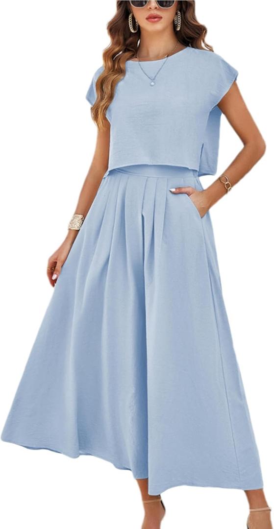 Mingzhu Womens 2 Piece Outfits Skirt Set Summer Casual Cap Sleeve Crop Tops Maxi Dress Sets with Pockets, Medium 
