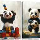 2Pcs Cute Panda Canvas Wall Art Nursery Baby Bear football Wall Decor Pictures Watercolor Animal Sports Painting Kids Room Posters Print for living Children Baby Bedroom Classroom Decoration