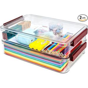 5.5qt Portable Project Case 9 X 13 Clear Stackable Plastic Storage With Lids Organizer Containers File Box For Letter A4 Paper Photo Documents Scrapbook Craft Art School Supplies, 2 Pcs