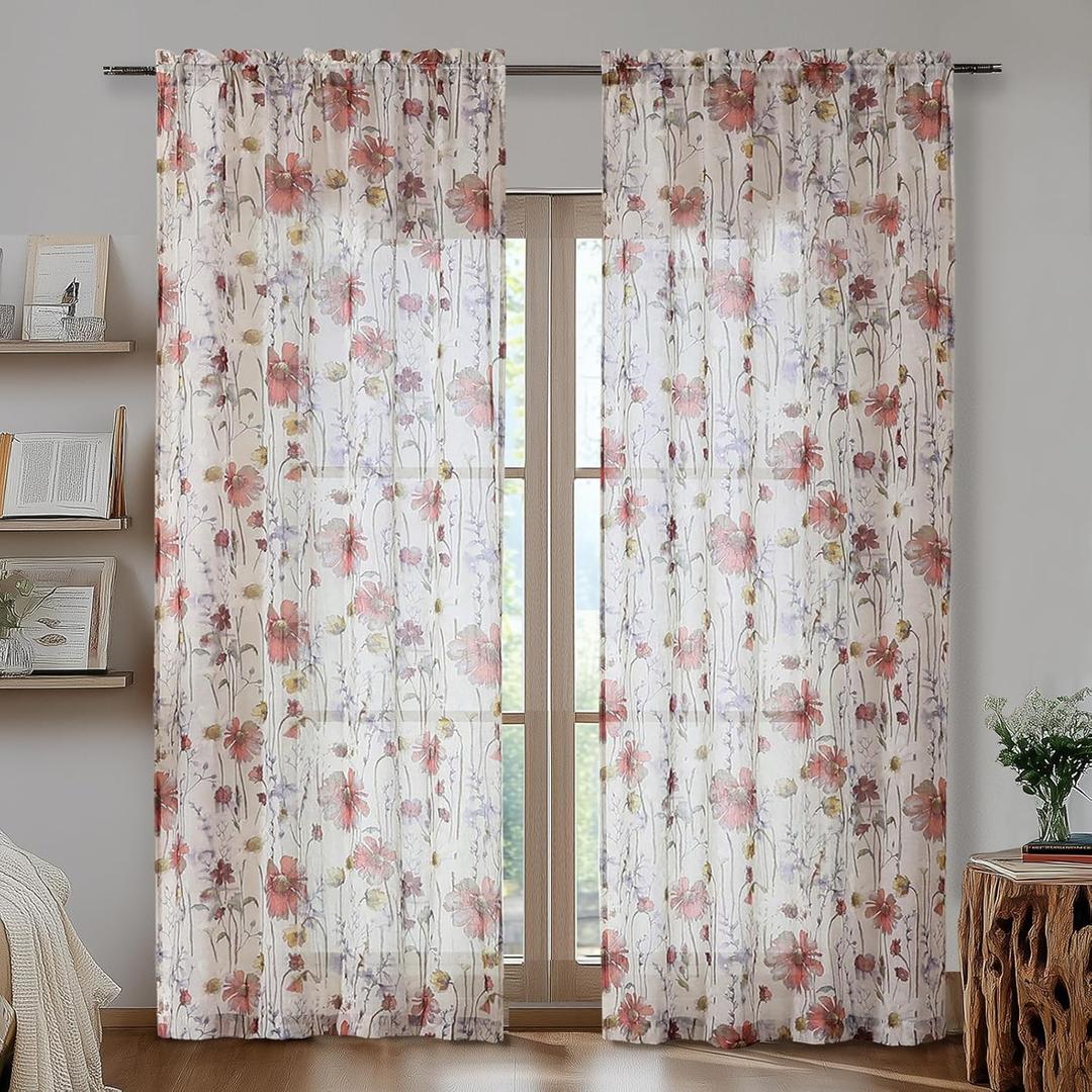 OVZME Crushed Printed Floral Sheer Curtains 84 Inches Long 2 Panels Set, Soft Airy and Light Filtering Window Sheers for Bedroom Living Room, Dual Rod Pocket Design Semi Sheer Drapes, 42Wx84L inches