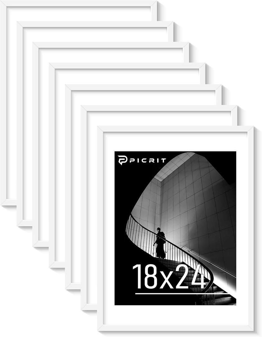 Picrit 18x24 White Poster Frame 7 Pack, Display Pictures 16 x 20 Picture with Mat or 18 x 24 without Mat for Horizontal or Vertical Wall Mounting, Wall Gallery Photo Frames