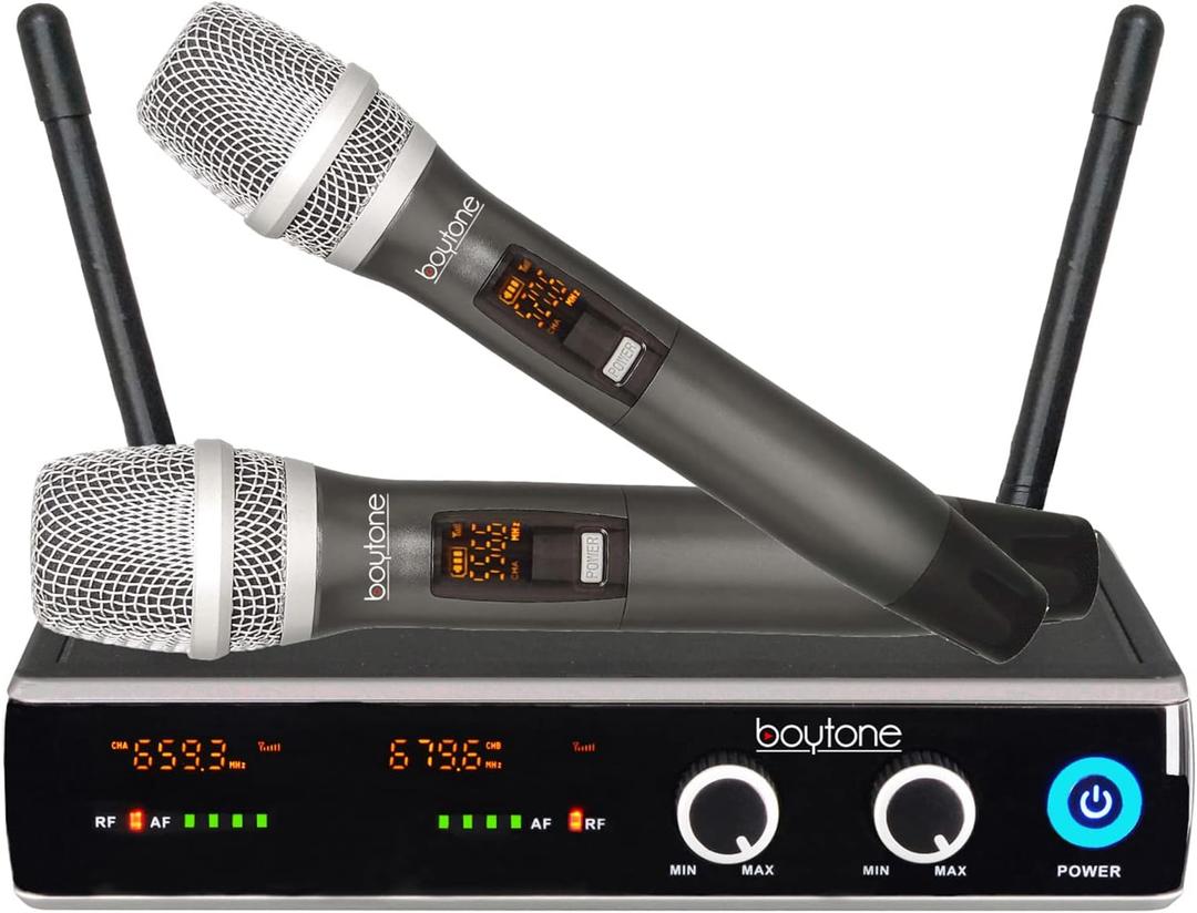 Boytone, Wireless UHF Microphone System  Dual Fixed Frequency Channel, 2 Metal Handheld Dynamic Transmitter Mics, for Party, Church, Aluminum Carrying Cases, 110/220V (BT-102UM)