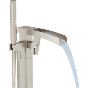 BESy Tub Filler Freestanding Bathtub Faucet Waterfall Floor Mount Brass Single Handle Bathroom Tub Faucets High Flow Bath Shower Faucets with 2 Function Handheld Sprayer Brushed Nickel