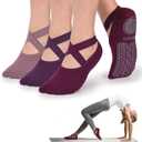Ozaiic Pilates Socks for Women Non Slip Grip, Yoga Socks with Grippers for Barre, Hospital, Ballet, Dance, Barefoot Workout (One Size, 3 Pairs-purple/Rose Red/Bean Red)