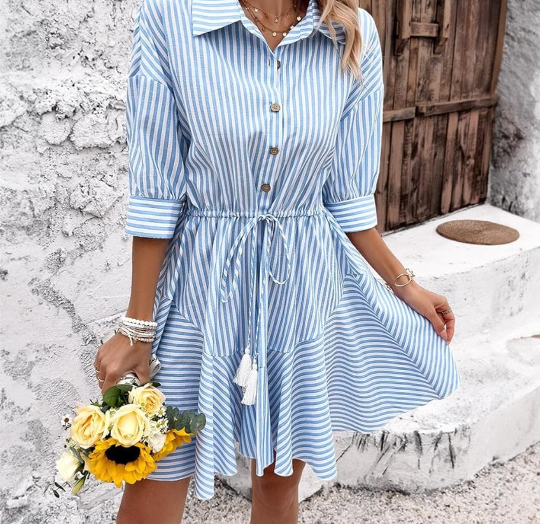 City Chic Women's Cotton Striped Tunic Shirt Mini Dress Button Front Short Sleeve Dress Swing Babydoll Casual Dress XL