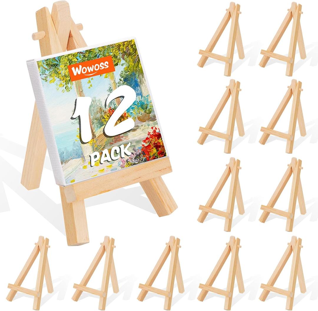 WOWOSS 12 Pack 5" Mini Wood Display Easel, Natural Wooden Tripod Holder Stand for Displaying Small Canvases, Business Cards, Photos