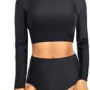 Pinup Fashion Long Sleeve Rash Guard - 2 Piece Swimsuit Bathing Suits with Bottom Swim Top UV UPF 50+ XS