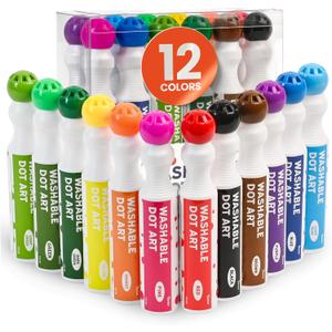 Darice Washable Dot Markers for Toddlers, 12 Colors (40ml 1.35oz) Paint Marker Dot Art Set, Water Based Non-Toxic Bingo Daubers for Kids