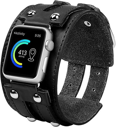 Genuine Leather Band Compatible with Apple Watch Ultra 2/Ultra Bands 38/40/41/42/44/45/49mm Men Women Wrist, Wide Sport Leather Strap Bracelet Replacement Bands for iWatch Ultra Series SE 9 8 7 6 5 4 3 2 1