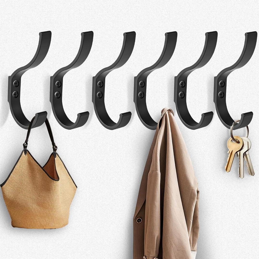 6 Large Towel Hooks for Heavy Duty Hanging. Black Coat Hooks for Kitchen and Bathroom Walls. Stylish Bag Hooks for Coats, Backpacks, Purses, and Robes. Screw in Metal Wall Hooks