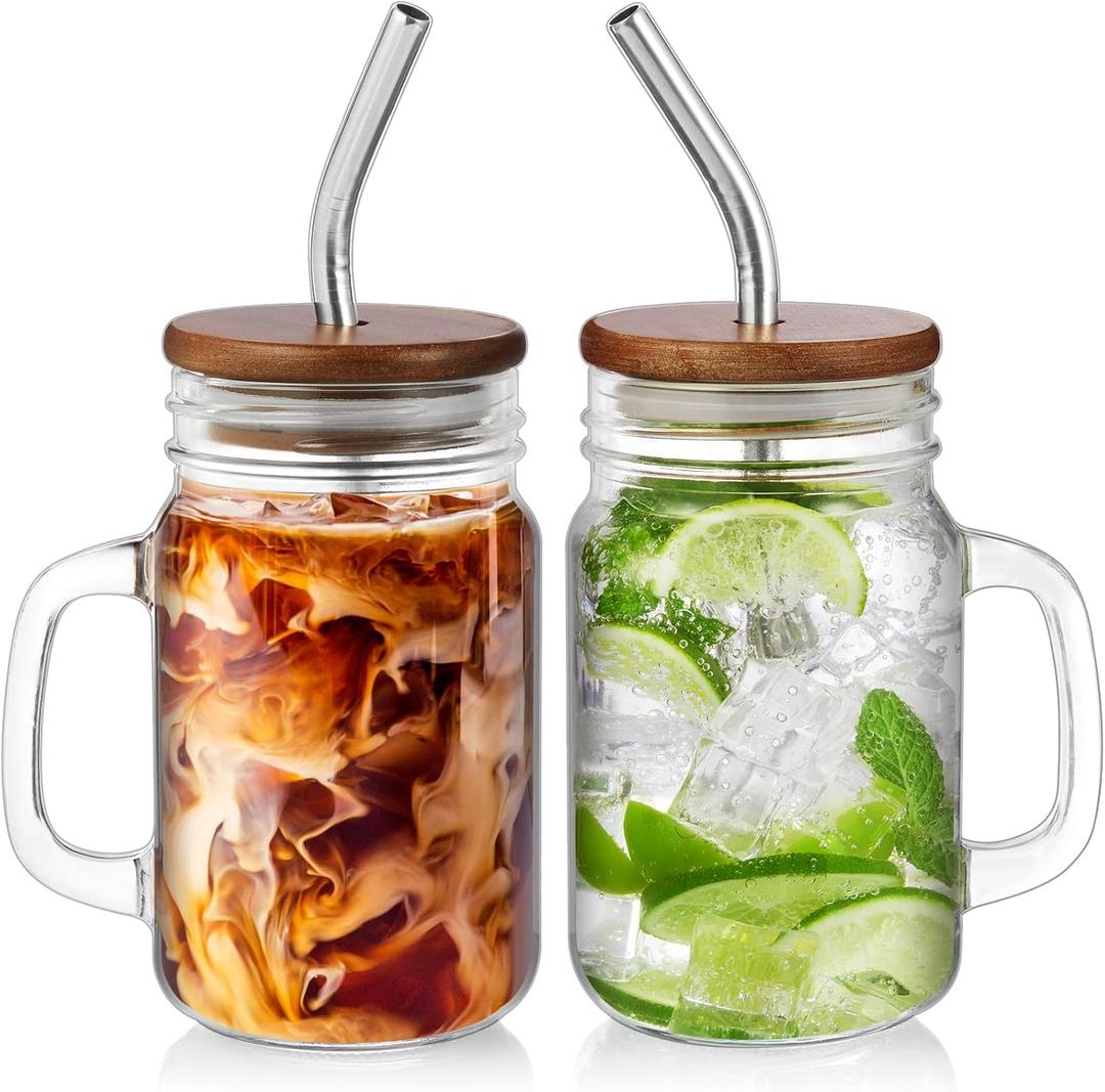 DRASTAR Iced Coffee Cup, 16 oz Mason Jar Cups with Handle, Small Glass Coffee Mugs with Straws and Acacia Lids, Drinking Glass Cups Set of 2, Smoothie, Overnight Oats Containers (colorless)