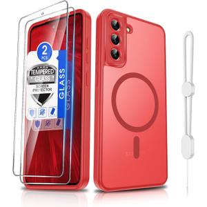 for Samsung Galaxy S21 FE Phone Case:[𝐍𝐨𝐭 𝐅𝐢𝐭 𝐒𝟐𝟏][Compatible with MagSafe] with Tempered Screen Protector,Slim Cover,with Strap & Military Lens Protector S 21FE,Funda para S21FE,Red