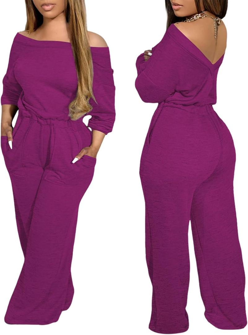 CHICME Off Shoulder Jumpsuits for Women Long Sleeve Wide Leg Dressy Overalls (Hot Pink, L) 