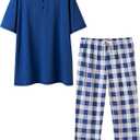 Keyocean Mens Pajama Set, Soft Cotton Short-Sleeve T-Shirt & Long Pants PJ Set for Sleeping (Blue, XL)