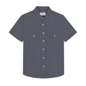 TUNEVUSE Linen Shirts for Men Summer Button Down Shirt Casual Short Sleeve Striped Beach Shirt with Pockets Navy Large (Gray, L)