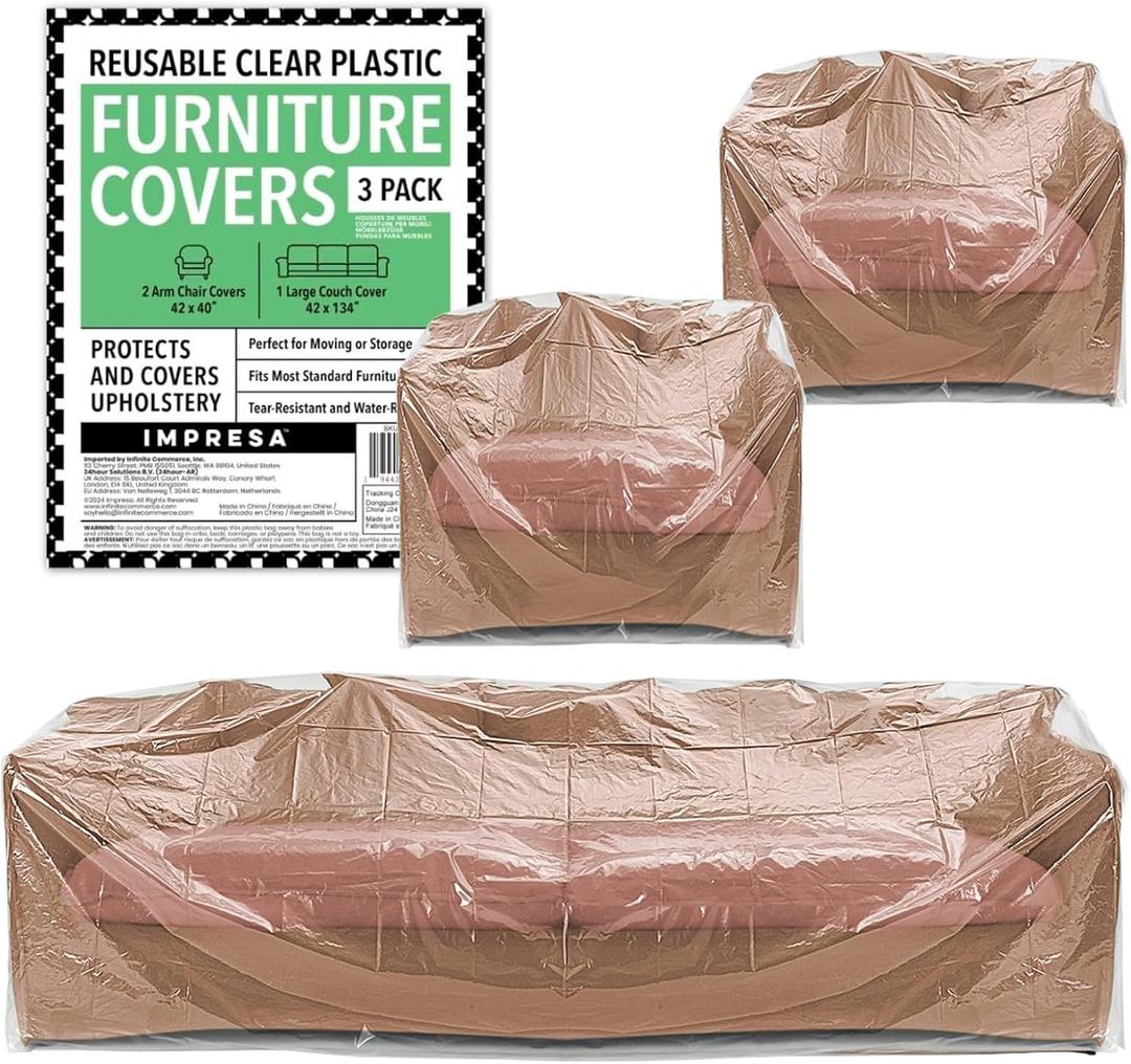 IMPRESA Variety 3 Pack Furniture Covers, Includes 1 Clear Plastic Couch Cover and 2 Armchair Covers, Reusable and Lightweight Sofa Protector for Moving, Storage and Seasonal Use, 2 Mil Thick