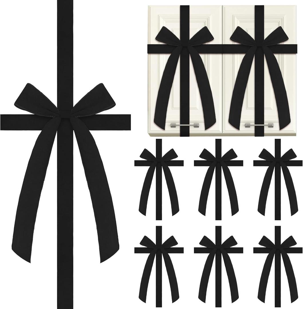 6 Pcs Christmas Velvet Cabinet Door Bows and Ribbons Large Christmas Door Cabinet Bows for Gifts Xmas Cabinets Furniture Kitchen Party Decorations(Black)