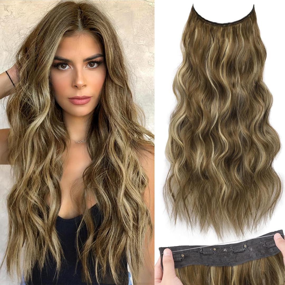 KooKaStyle Invisible Wire Hair Extensions with Transparent Headband Adjustable Size 4 Secure Clips Long Wavy Secret Wire Hairpiece 24 Inch for Women(Medium Brown with Blonde)626D#