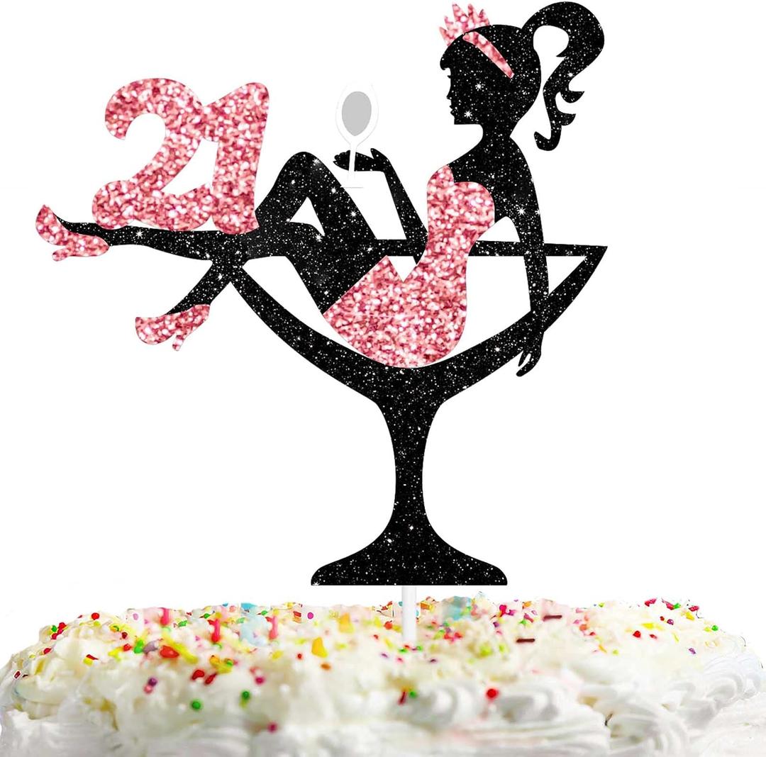 Sitting Girl Cake Topper Picks for Girl Lady 21st Birthday Makeup Spa Theme Party Decoration Supplies 21 Silhouette High Heeled Girl Cake Decor Rose Gold Glitter