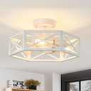3-Light Flush Mount Ceiling Light Fixture, Modern Close to Ceiling Light with White Metal Hexagon Cage, Farmhouse Ceiling Light for Bedroom, Hallway, Entry, Foyer, Kitchen