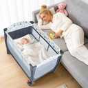 4 in 1 Pack and Play,Foldable Baby Playard with Changing Table,Travel Crib for Infants & Toddlers,Portable Playpen with Breathable Mesh,Wheels & Storage Bag,Grey
